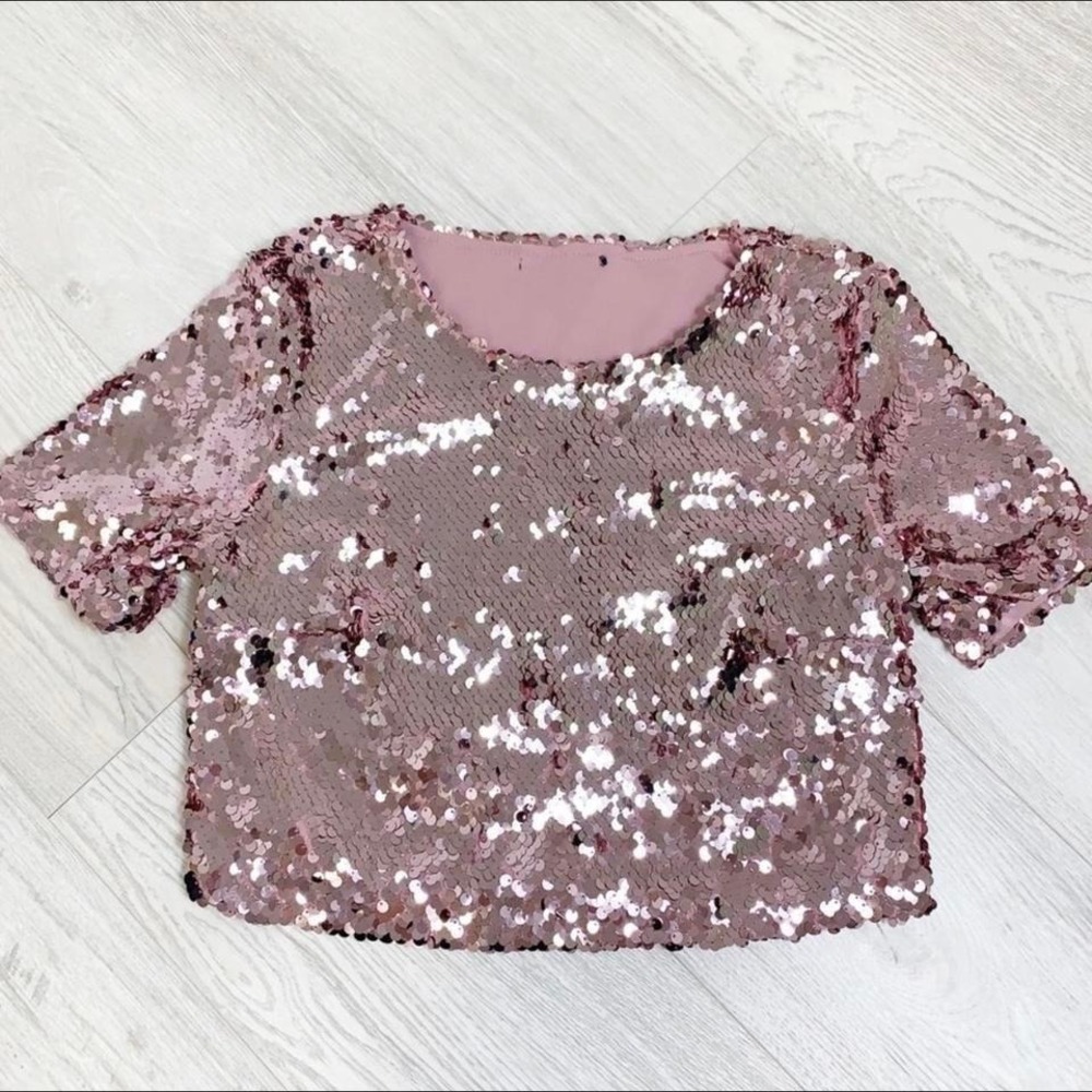 Rose Gold Sequin Crop Top Short Sleeve Shiny Party Blouse Pink Sparkly Tee